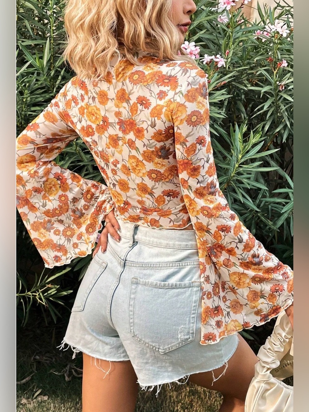 NEW Medium Orange Sheer Mesh Retro Floral Bell Sleeve Mock Neck Blouse - Picture 2 of 9
